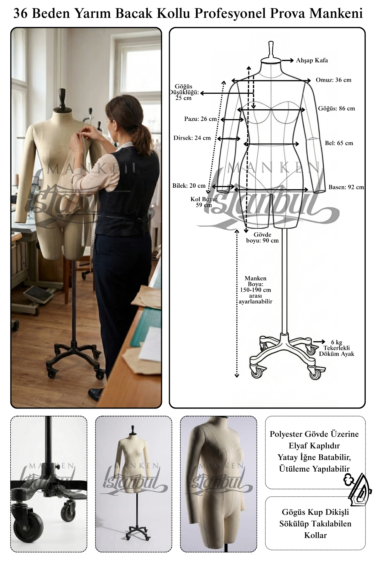 Bayan Yarım Bacak Profesyonel Kollu Terzi Mankeni ile Kusursuz Prova Deneyimi 1 Bayan Profesyonel Kollu Yarım Bacak Terzi Mankeni ile Kusursuz Prova Deneyimi Ayarlanabilir Kollu Terzi Mankeni