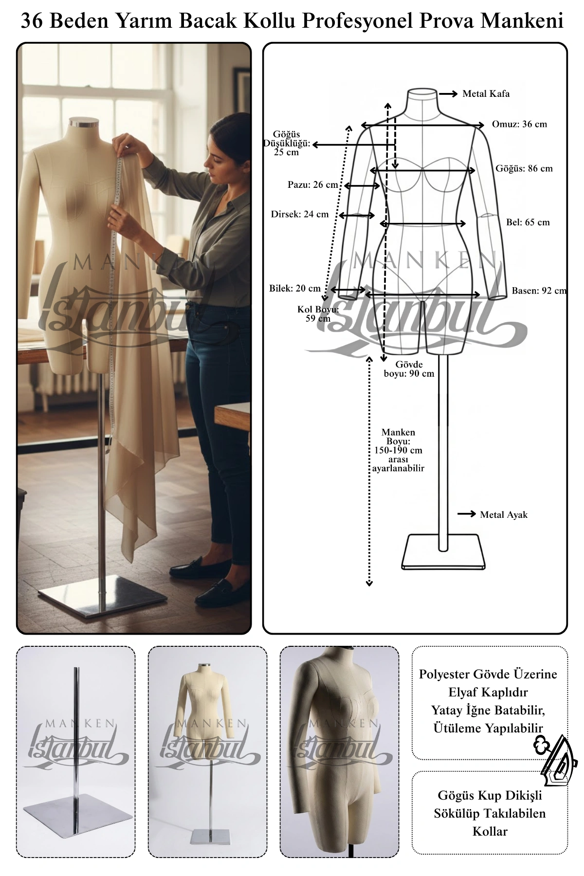 Bayan Yarım Bacak Profesyonel Kollu Terzi Mankeni ile Kusursuz Prova Deneyimi 1 Bayan Profesyonel Kollu Yarım Bacak Terzi Mankeni ile Kusursuz Prova Deneyimi