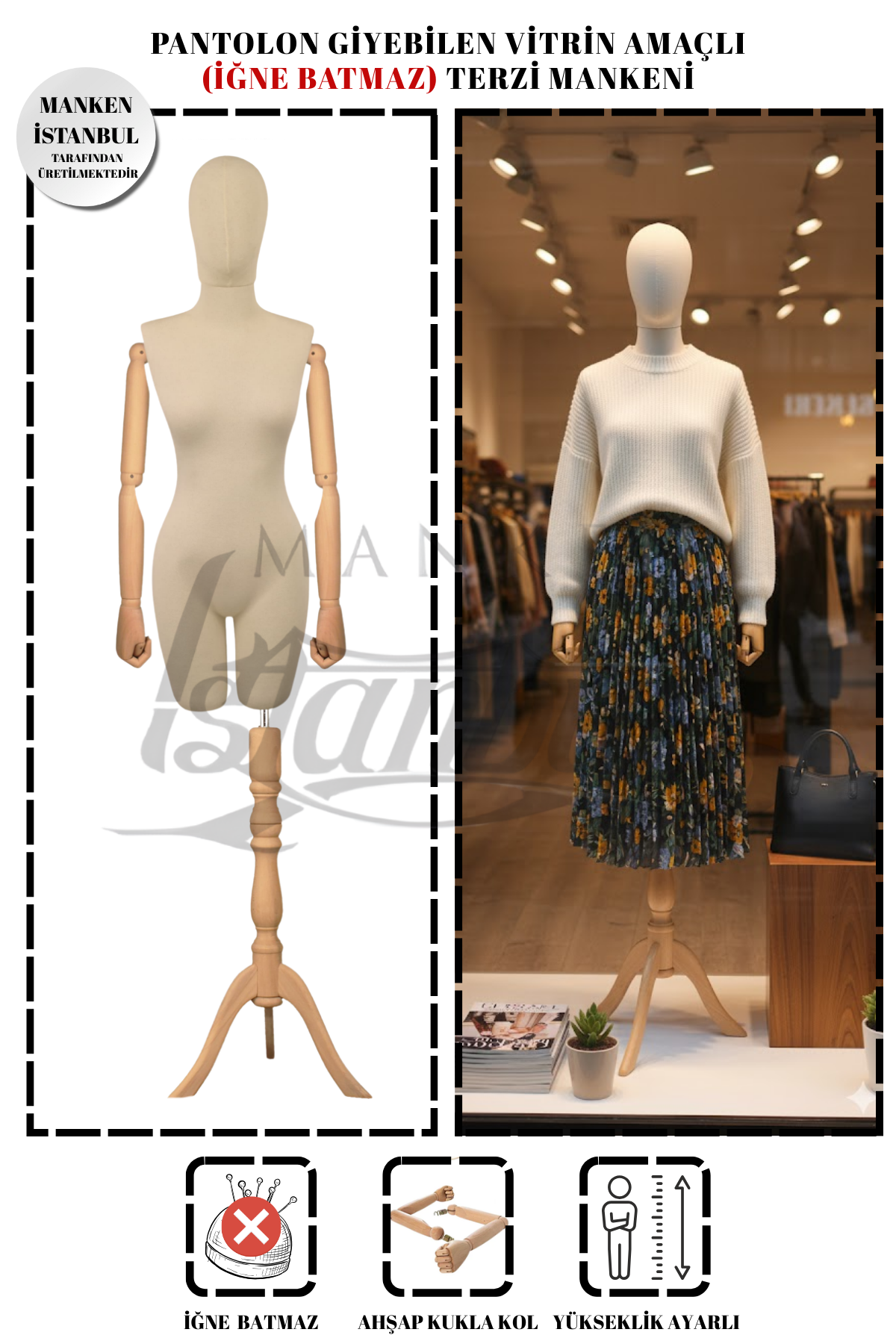 Ahşap Kollu Terzi Mankeni ile Vitrinlerde Güçlü ve Profesyonel Sunum 1 Vitrin terzi mankeni