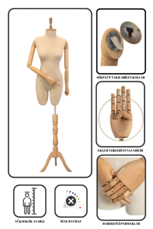 Ahşap Kollu Terzi Mankeni Ayarlanabilir Kollu Terzi Mankeni